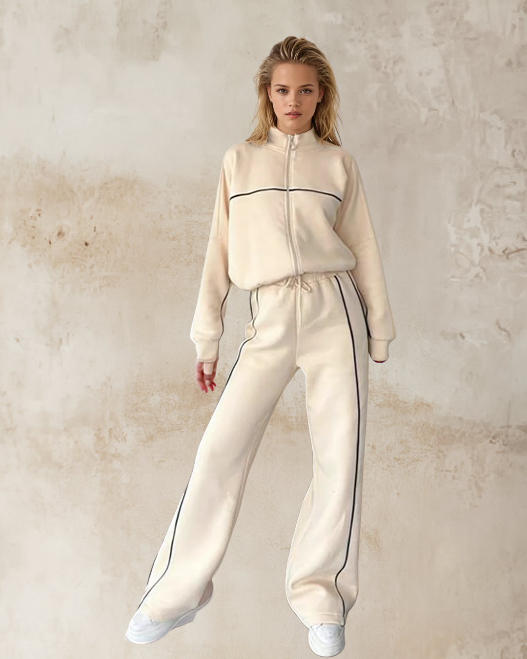 Essential Cream Tracksuit - Wide Leg Pants & Cropped Jacket Set