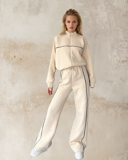 Essential Cream Tracksuit - Wide Leg Pants & Cropped Jacket Set