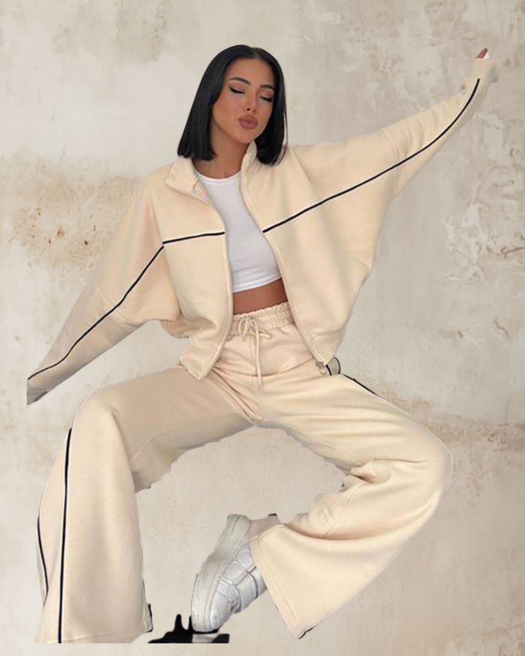 Essential Cream Tracksuit - Wide Leg Pants & Cropped Jacket Set